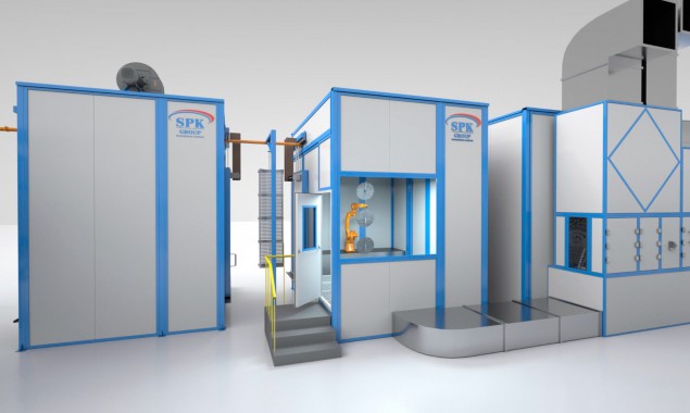 Автоматическая конвейерная линия для подготовки и окраски деталей сельхозтехники SPK Автоматизированная линия подготовки и окраски SPK GROUP для деталей сельхозтехники