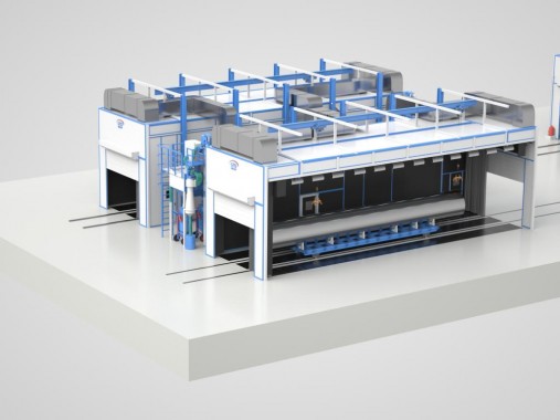Комплекс SPK дробеструйной и окрасочно-сушильной камер c транспортной подвесной системой для труб SPK GROUP 