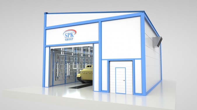 Уличная камера дождевания с функцией мойки для гусеничных тягачей Уличная камера дождевания SPK GROUP с функцией мойки для гусеничных тягачей