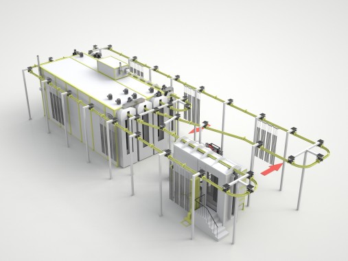 Линия порошковой окраски с ручной конвейерной системой для почвообрабатывающей техники Линия порошковой окраски SPK GROUP с ручной конвейерной системой для почвообрабатывающей техники