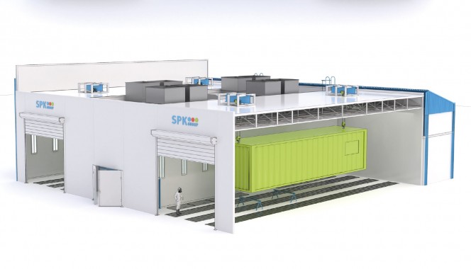 Двухсекционная окрасочно-сушильная камера SPK-SCB-26.24.10. уличного исполнения Двухсекционная окрасочно-сушильная камера SPK-SCB-26.24.10. уличного исполнения