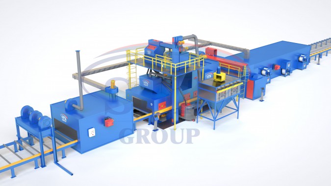 Автоматизированная линия дробемётной очистки и консервации металлопроката SPK DK 33.8.11-R Автоматизированная линия дробемётной очистки и консервации металлопроката SPK GROUP